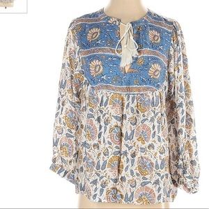 Lucky Brand size SP blouse blue & ivory BOHO 3/4 sleeves w keyhole & tassel ties